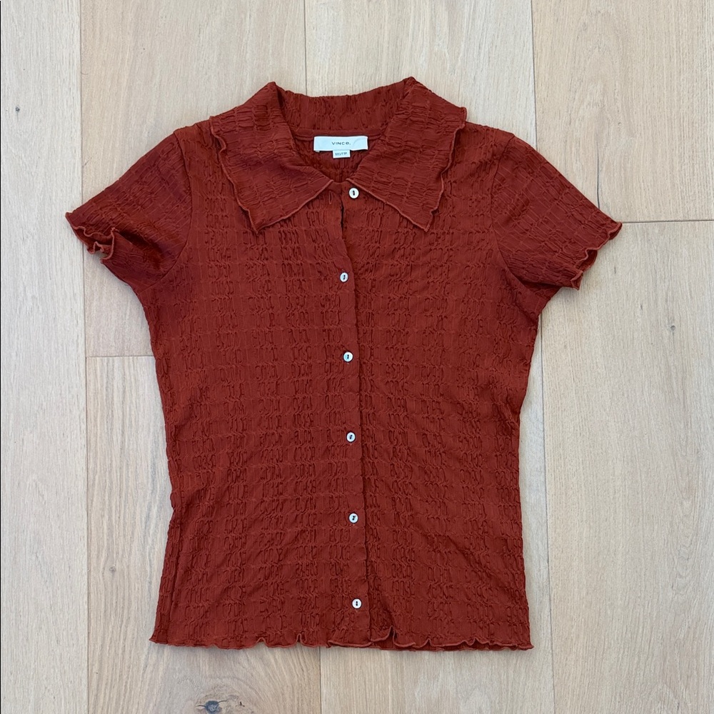 Vince Textured Short-Sleeve Button Front Top - Rust